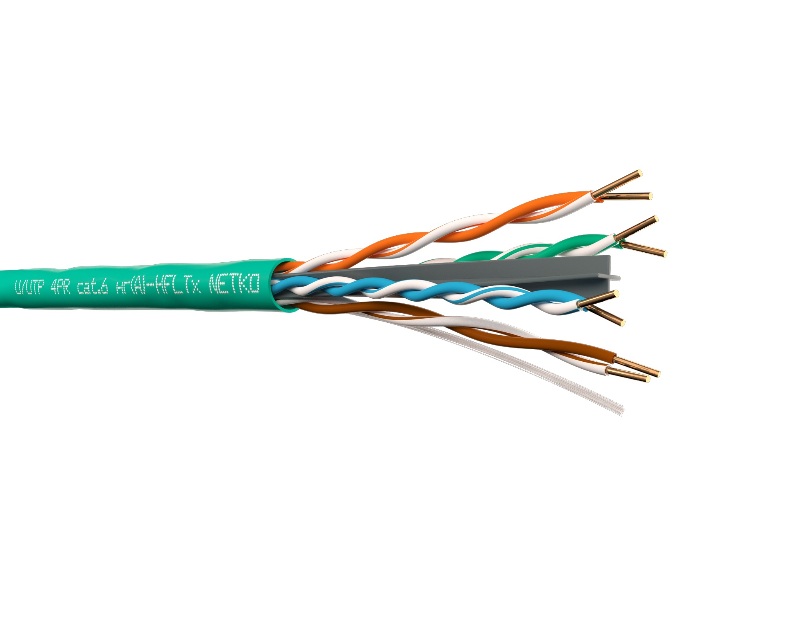 Кабель U/UTP4 cat.6 NETKO /4 пары 23 AWG BC / 305м / с крестовиной / нг(A)-HFLTx, зеленый; одножильный