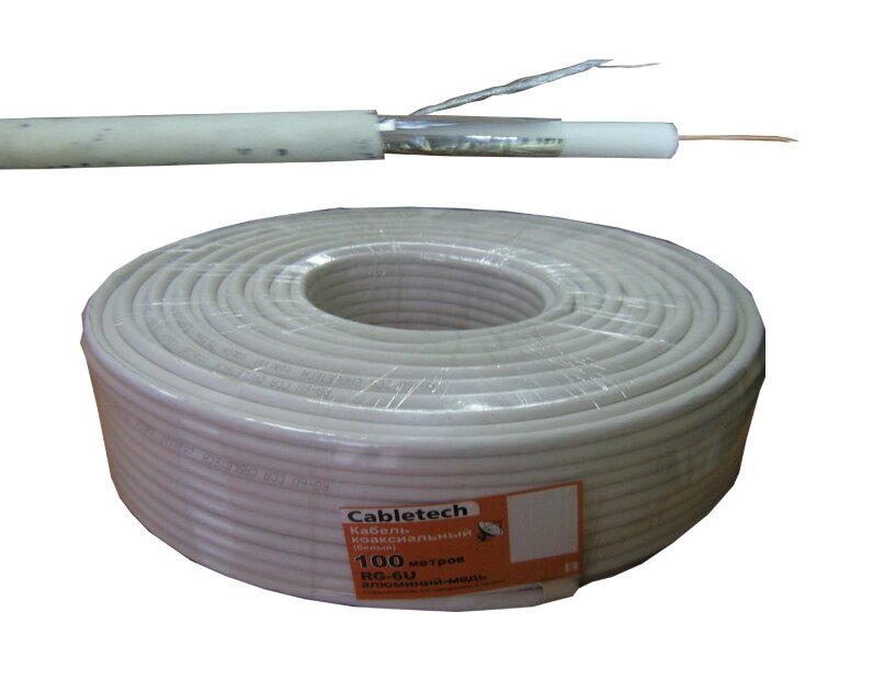 Кабель коаксиальный RG-6U Cabletech, 75 Ом (CCA, оплетка 32 нити AL), белый (100м) РАСПРОДАЖА