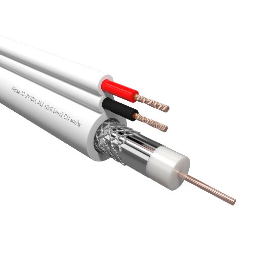 Кабель коаксиальный Netko 3C-2V, 75 Ом (CU, оплетка 32 нити AL) + кабель питания 2x0.5мм2 (CU, многожильный), аналог ККСВ, белый (100м)  52379