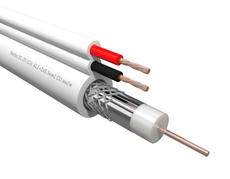 Кабель коаксиальный Netko 3C-2V, 75 Ом (CU, оплетка 32 нити AL) + кабель питания 2x0.5мм2 (CU, многожильный), аналог ККСВ, белый (100м) 
