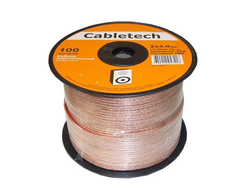 Кабель акустический Cabletech 2*4.0мм2 (7*32*0.15мм) CCA, 100м, пластиковая катушка, прозрачный