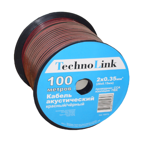 Кабель акустический Technolink 2*0.35мм2 (20*0.15мм) CCA, 100м, пластиковая катушка, черный/красный 035.ACC.T-7312.2X.1/4B