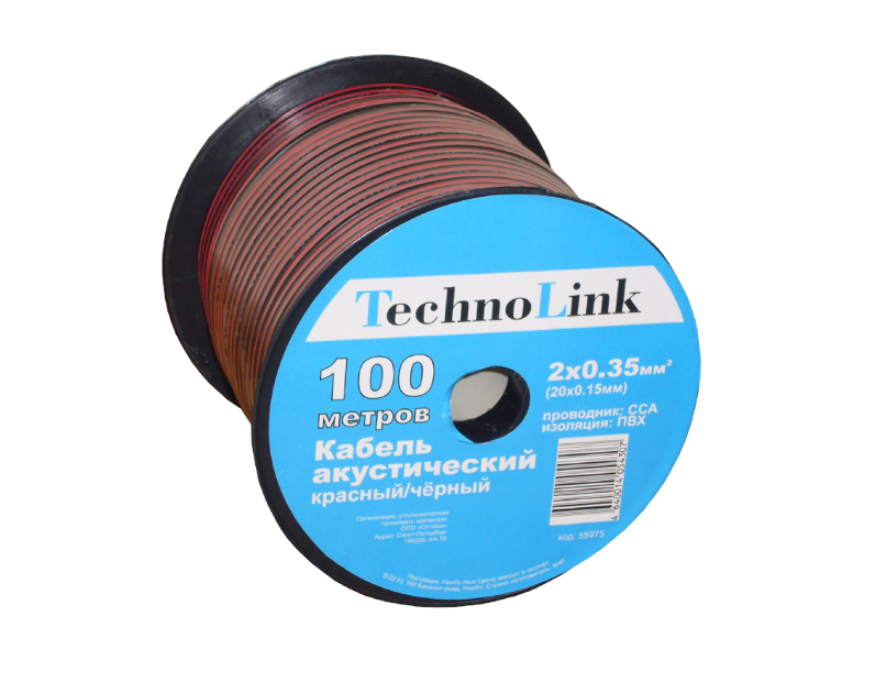 Кабель акустический Technolink 2*0.35мм2 (20*0.15мм) CCA, 100м, пластиковая катушка, черный/красный