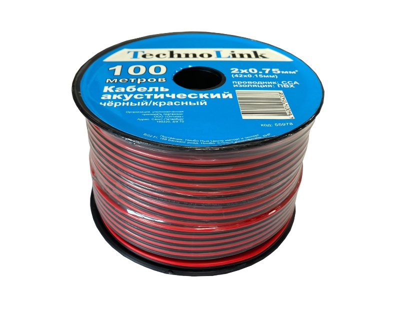 Кабель акустический Technolink 2*0.75мм2 (42*0.15мм) CCA, 100м, пластиковая катушка, черный/красный