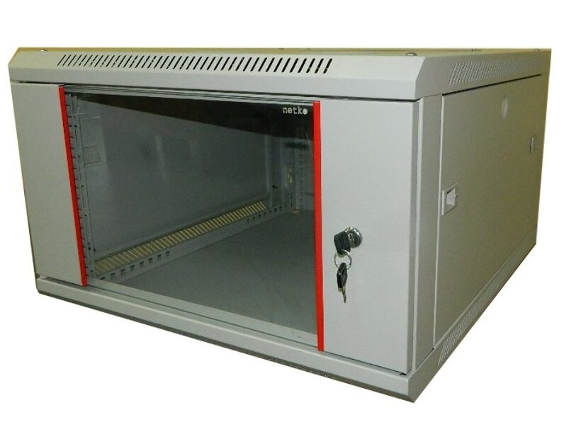 Шкаф настенный 6U серия WM (600х650х370), передняя дверь стекло, разборный, серый Netko