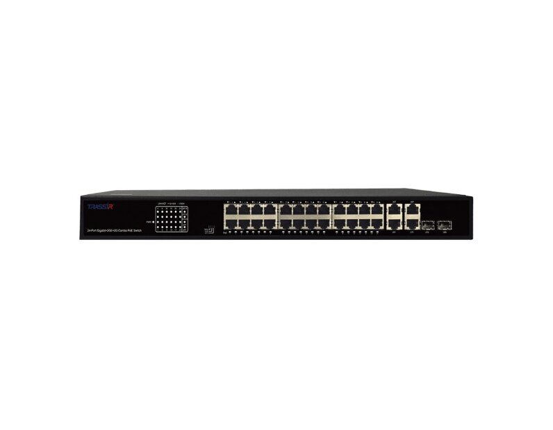 Неуправляемый коммутатор  с24 PoE портами (10/100/1000 Мбит/с Base-T PoE port),и 2 Combo портами (10/100/1000 Мбит/с Base-T), 2 Uplink (10/100/1000 Мбит/с Base-T). TRASSIR TR-NS14282С-370-24POE