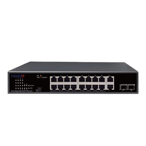 Неуправляемый коммутатор  с 16 PoE портами (10/100/1000 Мбит/с Base-T PoE port),и 2 SFP портами и 2 RJ-45 Uplink ports. TRASSIR TR-NS14202S-185-16POE