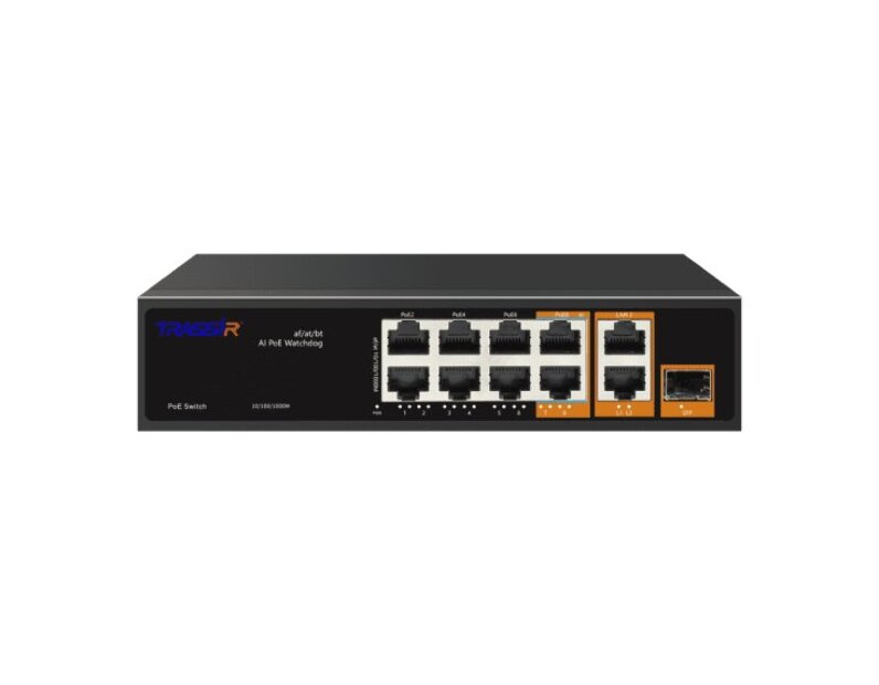Неуправляемый коммутатор  с 6 FE PoE портами (10/100 Мбит/с), 2 GE PoE портами(10/100/1000 Мбит/с) и 1 SFP портом + 2 Uplink (10/100/1000Мбит/с (Base-T)) TRASSIR TR-NS13111S-120-8PoE