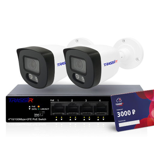 Комплект видеонаблюдения TRASSIR 2TRLiteL2B5Cloud3000 (TR-NS1106-60-4POE) 2 IP-камеры 2 Мп с микрофоном и PoE-коммутатором